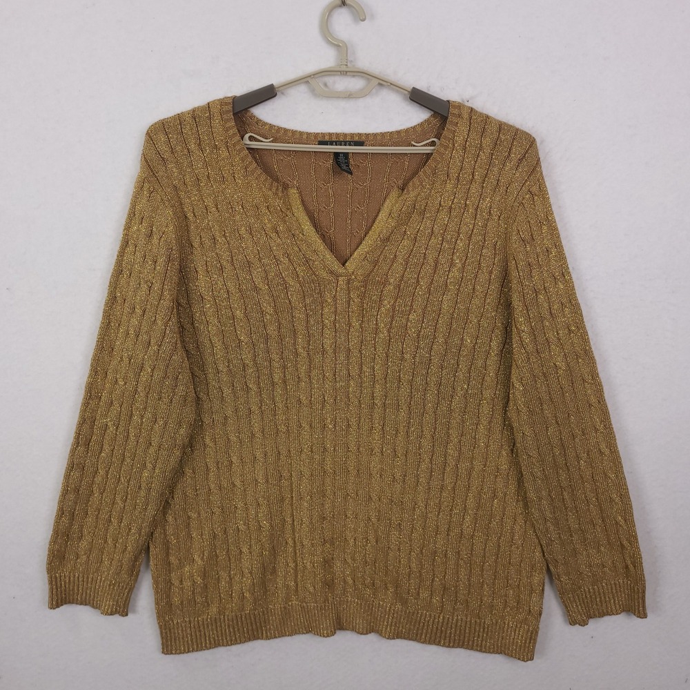 Lauren Ralph Lauren Sweater Womens 3X Gold Metallic Cable Knit V-Neck Shimmer